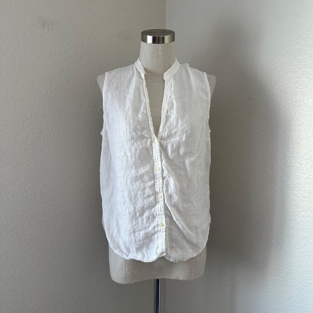Made in Italy Sleeveless White Blouse Round Split Neck 120 Lino Minimalist Airy